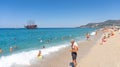 Beach of Cleopatra with sea and rocks of Alanya peninsula, Antalya, Turkey Royalty Free Stock Photo