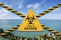 Beach closed due to Coronavirus. Caution tape and danger sign, restricted area lockdown Royalty Free Stock Photo