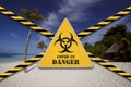 Beach closed due to Coronavirus. Caution tape and danger sign, restricted area lockdown Royalty Free Stock Photo