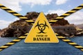 Beach closed due to Coronavirus. Caution tape and danger sign, restricted area lockdown Royalty Free Stock Photo