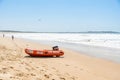 Beach closed sign and surf rescue boat at the beach in Sydney. Despite the warning people are still Royalty Free Stock Photo