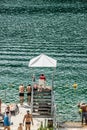 Beach club on a articial lake in Bukovel ski resort Royalty Free Stock Photo