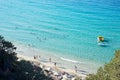 Beach coastline aerial drone people sand beautiful sun, Crete Greece