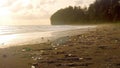 Beach coastline on sunset full of trash, empty plastic bottles