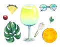 Beach cocktail, monstera leaf, plumeria flower, sunglasses, orange and pineapple slices. Watercolor illustration hand Royalty Free Stock Photo