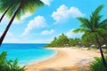 Beach with coconut tree and white clouds in the sky scene painting Royalty Free Stock Photo