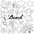 Beach collection. Sketch. Vector set of illustrations. Outline on white isolated background. Doodle style. Summertime. Coloring.