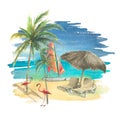 A beach composition with a sailboat, palm trees and pink flamingos. Watercolor illustration from a large CUBA set. For