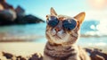 Beach-cool cat lounges with swagger in sunglasses, the epitome of feline chic by the shore, Ai Generated