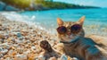 Beach-cool cat lounges with swagger in sunglasses, the epitome of feline chic by the shore, Ai Generated