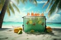 A beach cooler filled with refreshing drinks realistic tropical background