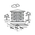 Beach cottage icon design. Round line art illustration with beach house, palm trees and swimming pool Royalty Free Stock Photo