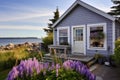 a beach cottage with lavender-colored walls surrounded by coastal flora
