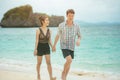 Beach couple lover walking on the beach honeymoon vacation summer holidays romance