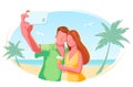 Beach couple selfie flat vector isolated illustration. Holiday, vacation, honeymoon, tourism concept. Summer Travel