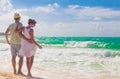 Beach couple walking on romantic travel honeymoon vacation summer holidays romance. Young happy lovers, Cayo LArgo, Cuba Royalty Free Stock Photo