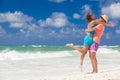 Beach couple walking on romantic travel honeymoon vacation summer holidays romance. Young happy lovers, Cayo LArgo, Cuba Royalty Free Stock Photo