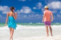 Beach couple walking on romantic travel honeymoon vacation summer holidays romance. Young happy lovers, Cayo LArgo, Cuba Royalty Free Stock Photo