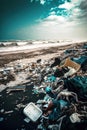 Beach covered with garbage and plastic bags and containers. Royalty Free Stock Photo