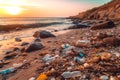 The beach covered in plastic litter at sunset