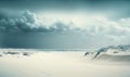 a beach covered in snow and clouds under a cloudy sky