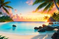 Beach with crystal clear blue water and with coconut trees and sunset Royalty Free Stock Photo