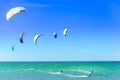 Beach in Cumbuco with multiple kite surfing Royalty Free Stock Photo