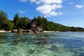 Beach on Curieuse Island, Seychelles, with lava stone rocks and lush vegeration Royalty Free Stock Photo
