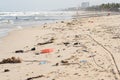 Beach of Da Nang City, Vietnam, after storm, covered with garbage. This is the South China Sea of the Pacific Ocean Royalty Free Stock Photo