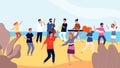 Beach dance party. Happy crowd of people dancing near ocean. Teens free time and lifestyle. Vacations, travel or tourism Royalty Free Stock Photo