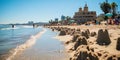 The beach day is in full swing: people on colored towels, children build sand castles, and the wav