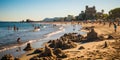 The beach day is in full swing: people on colored towels, children build sand castles, and the wav