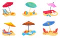 Beach deck chair and umbrella scenes. Summer vacation, sea travel and rest. Sun protection umbrellas, sand toys and Royalty Free Stock Photo