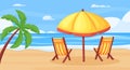 Beach deck chairs and sun protect umbrella on ocean coast. Recreation and seasonal summer rest. Tropical exotic resort Royalty Free Stock Photo