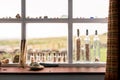 Beach decorations like shells and weathered glass on a window