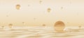 Beach desert glass bubbles gold sphere float, crystal balls shine on beige gold blurred backdrop. Display luxury elegant.