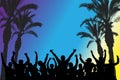 Beach disco party, silhouettes of dancing people and palm trees. Vector illustration Royalty Free Stock Photo