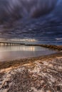 Beach Dune pier under fantastic sunset clouds with long exposure over Baltic sea, Schonberg, Germany