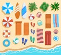 Beach elements top view. Sandy beach elements, tropical palms, chairs, umbrellas view from above. Ocean beach coastline Royalty Free Stock Photo