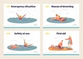 Beach emergency set of landing pages with lifeguard saving and giving first aid to sinking woman