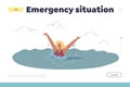 Beach emergency situation concept of landing page with woman drowning while swimming in sea