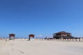 American beach lifestyle. A sandy beach with blue sky on the Gulf Coast, southern Texas, Galveston Island, USA.