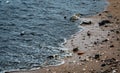 Beach environment pollution. Oil stains on the beach. Oil leak to the sea. Dirty water in the ocean. Water pollution. Harmful Royalty Free Stock Photo