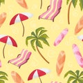 Beach equipment loungers, palm tree, board, umbrella, seamless pattern