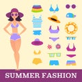 Beach fashion. Girl and miscellaneous clothes accessories. Cartoon style