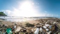 A beach filled with lots of trash next to the ocean. AI generative image