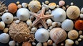 beach finds: small seashells, fossil coral and sand dollars, puka shells, a sea urchin and a white starfish. AI Royalty Free Stock Photo