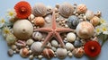 beach finds: small seashells, fossil coral and sand dollars, puka shells, a sea urchin and a white starfish. AI Royalty Free Stock Photo