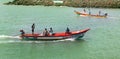 Beach with fishermen wooden motor boat.s Royalty Free Stock Photo