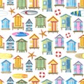 Beach, fishing houses with surfboards, a lifebuoy and starfish. Watercolor illustration. Seamless pattern on a white